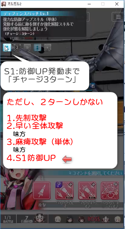 ボスS1防御UPまでの戦闘流れ